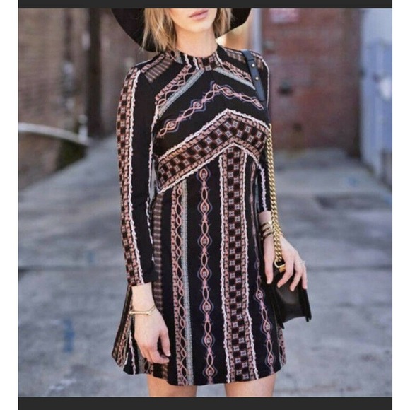 Free People Purple Stella Mini Dress X Small Mock Neck Tribal Print XS - Picture 3 of 3